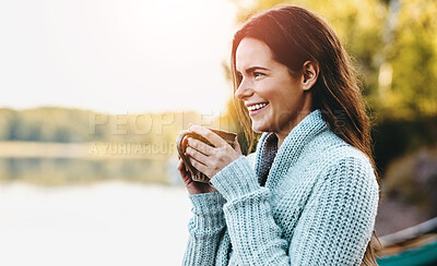 Buy stock photo Woman, lake and smile with coffee in morning, happy and relax for holiday in nature. Sunrise, camping and drink for caffeine on river for vacation in Germany, female person and sunshine in Autumn 