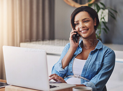 Buy stock photo Happy woman, pregnant and laptop with phone call for communication, discussion or conversation at home. Female person or consultant with smile for remote work, maternity or pregnancy on smartphone