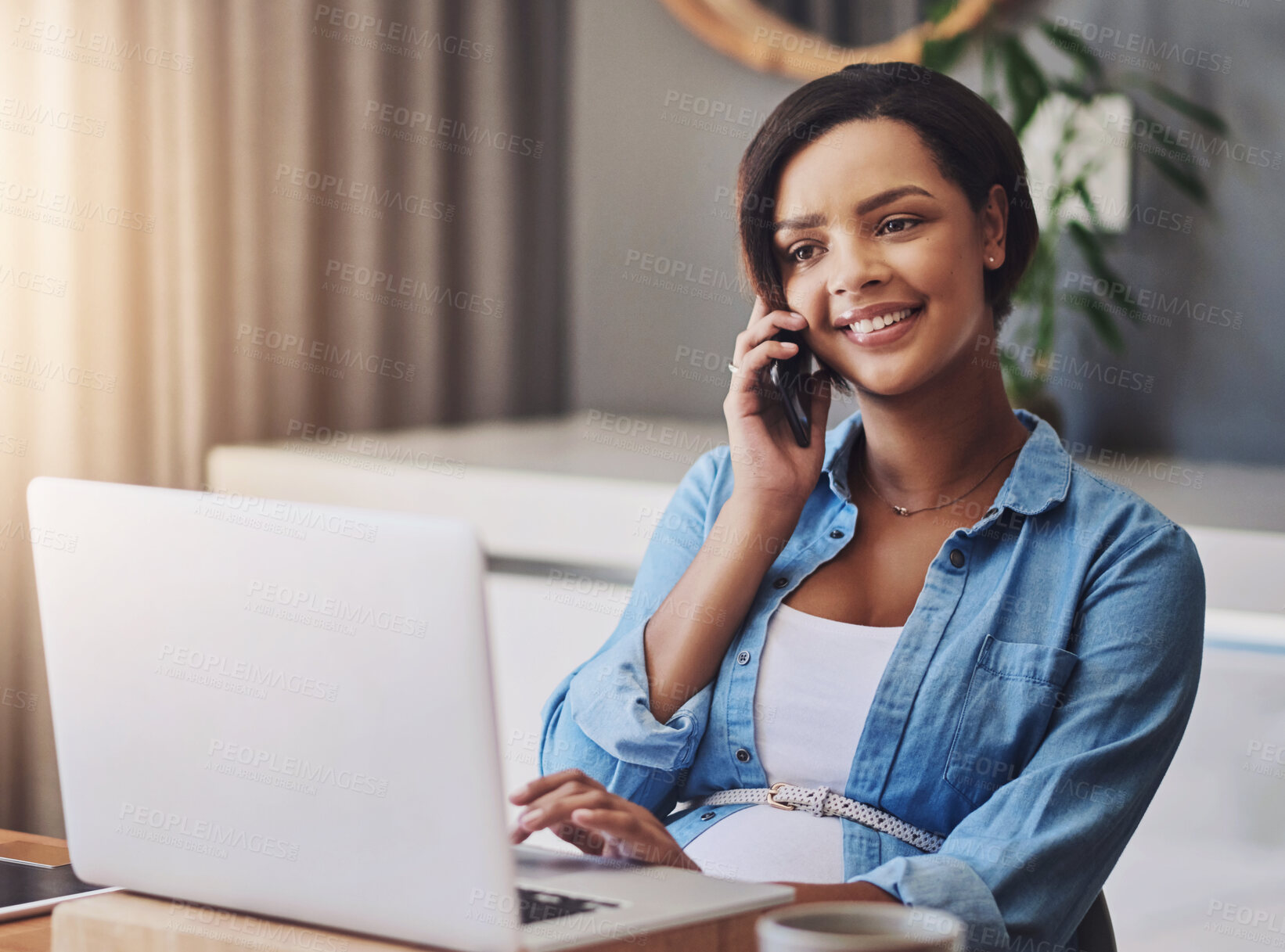 Buy stock photo Happy woman, pregnant and laptop with phone call for communication, discussion or conversation at home. Female person or consultant with smile for remote work, maternity or pregnancy on smartphone