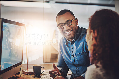 Buy stock photo Computer, night and business people with teamwork, help and conversation for new system. Mentor, man and woman with pc, graphic designer or advice with network, planning or brainstorming for schedule