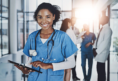 Buy stock photo Portrait, black woman and nurse with tablet in hospital for healthcare, telehealth and research of diagnosis. Smile, female medical and digital for online consultation, patient results and clinic