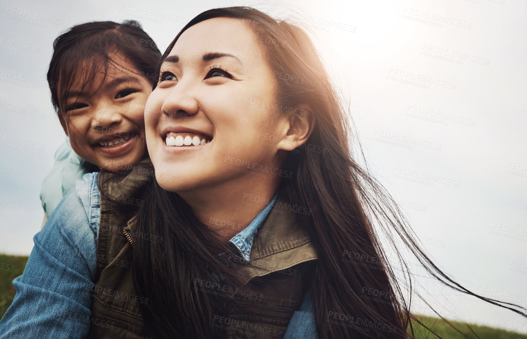 Buy stock photo Woman, daughter and piggyback outdoor in summer for bonding, love and happiness in nature. Mother, child and portrait at garden as asian family with carry or smile for fun, freedom and playing games