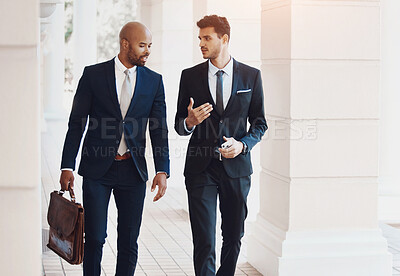 Buy stock photo Business, men and walking outdoor with communication, travel and morning with attorney duo for discussion. Male lawyers, conversation and corporate professional in city for career in law and justice.