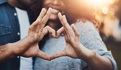 Buy stock photo Outdoor, heart hands and couple with nature, trust and romance with kindness, security and marriage. Closeup, man and woman in park, symbol for love and relationship with happiness, support and care