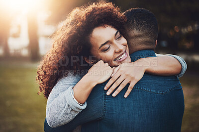 Buy stock photo Love, hug and couple in park, dating and romance with relationship, marriage and bonding together. Outdoor, embrace and happy man with woman, celebration and support with holiday, trust and kindness