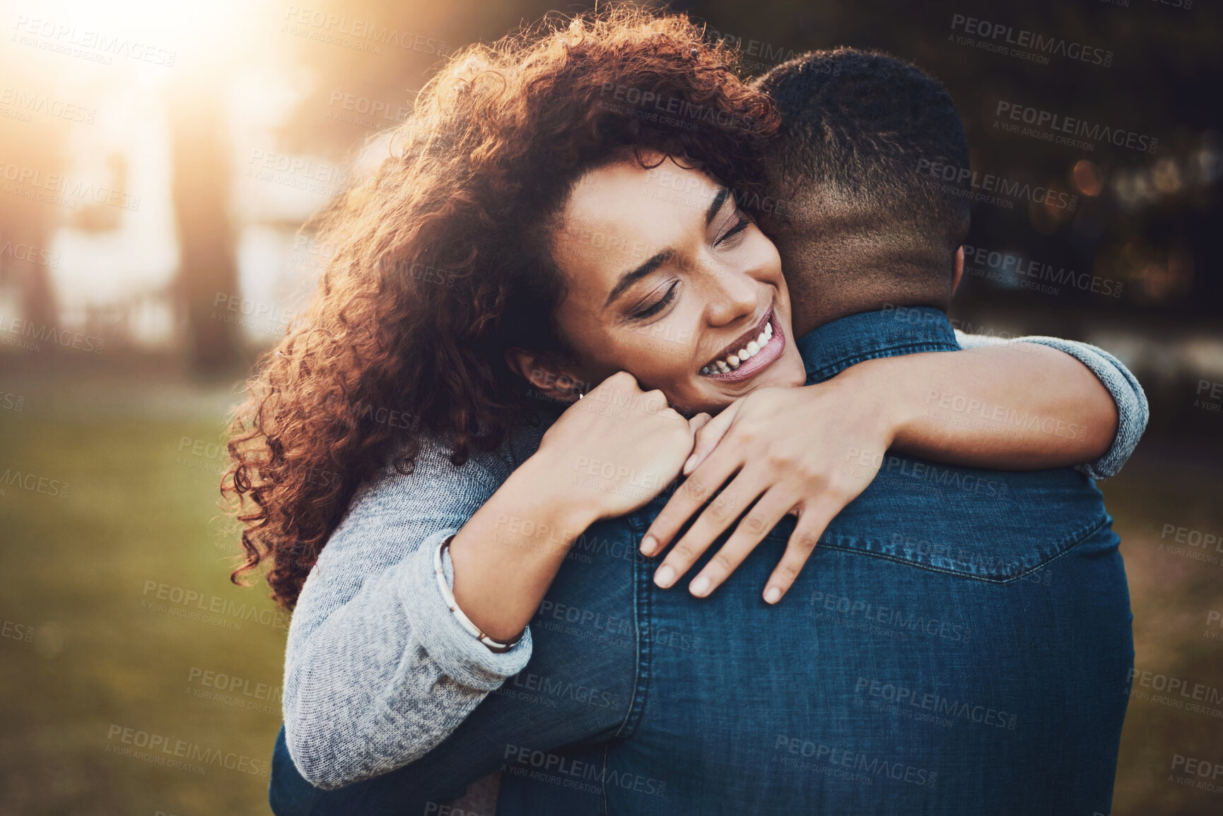 Buy stock photo Love, hug and couple in park, dating and romance with relationship, marriage and bonding together. Outdoor, embrace and happy man with woman, celebration and support with holiday, trust and kindness