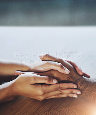 Buy stock photo Empathy, love and support with friends holding hands for safety, security or trust in home closeup. Depression, mental health or praying and people in pain from grief or loss with compassion and hope