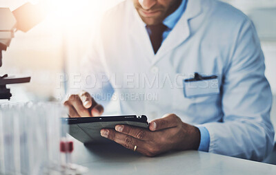 Buy stock photo Hands, lab and medical research with tablet, science and internet for breakthrough in medicine and online. Digital, scientist and person with biotechnology for knowledge and reading of articles