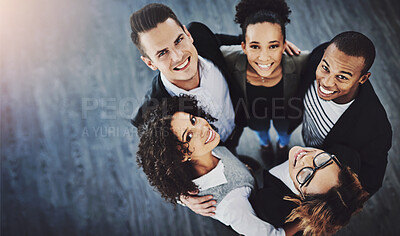 Buy stock photo Huddle, office and above portrait of business people for teamwork, collaboration and solidarity in workplace. Company, diversity and top view of men and women for support, community and coworking