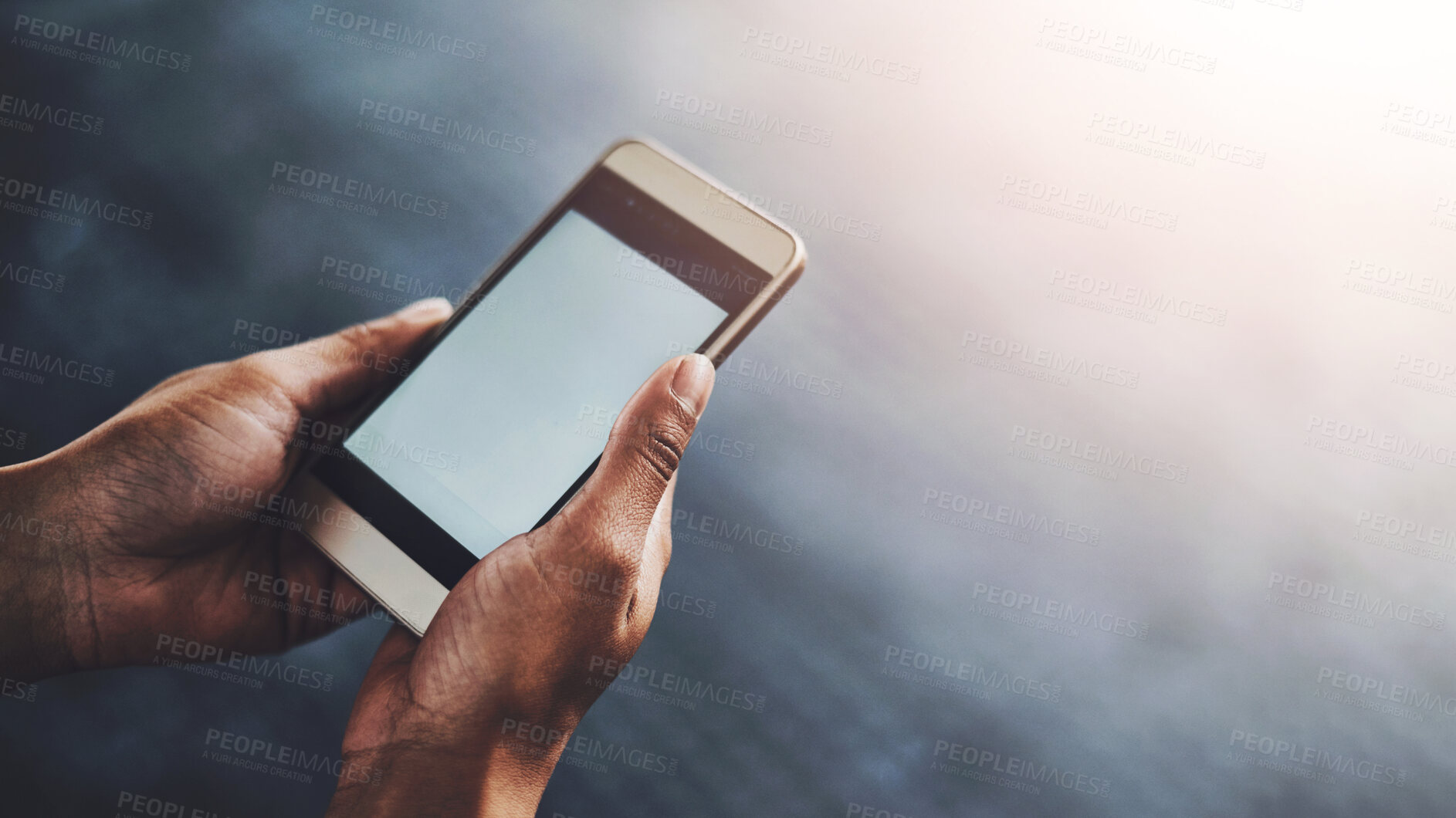 Buy stock photo Smartphone screen, hands and mockup space in gym for fitness app, workout or exercise promotion. Phone, display and closeup of person in top view on social media for health information or advertising