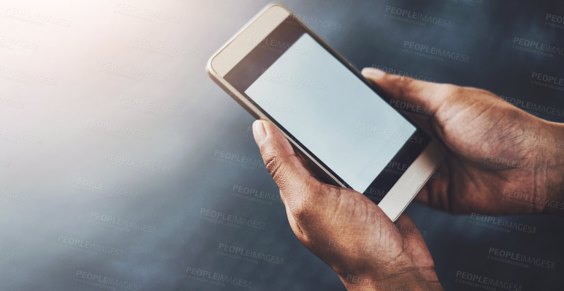 Buy stock photo Phone screen, hands and mockup space in gym for fitness app, workout or exercise promotion. Smartphone, display and closeup of person in top view on social media for health information or advertising