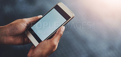 Buy stock photo Smartphone screen, hands and mockup space in gym for fitness app, workout or exercise promotion. Phone, display and closeup of person in top view on social media for health information or advertising