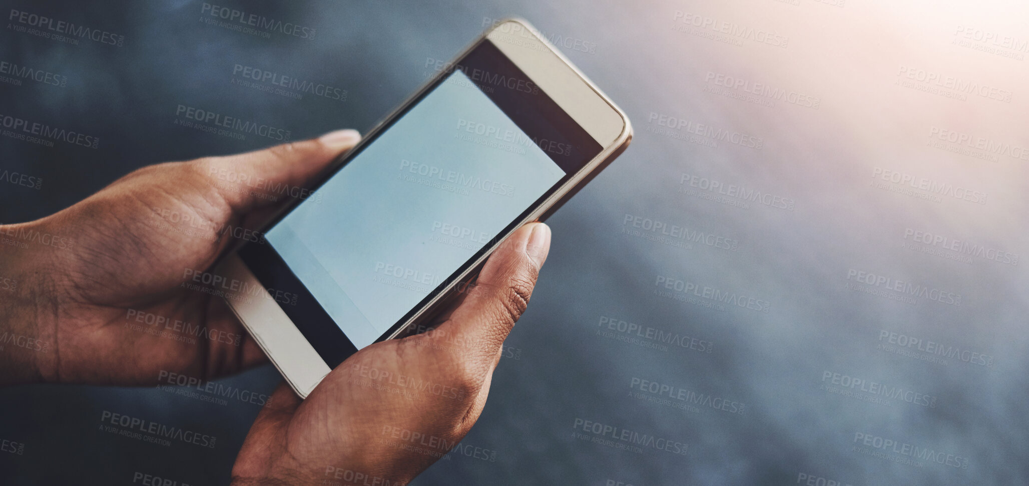 Buy stock photo Smartphone screen, hands and mockup space in gym for fitness app, workout or exercise promotion. Phone, display and closeup of person in top view on social media for health information or advertising