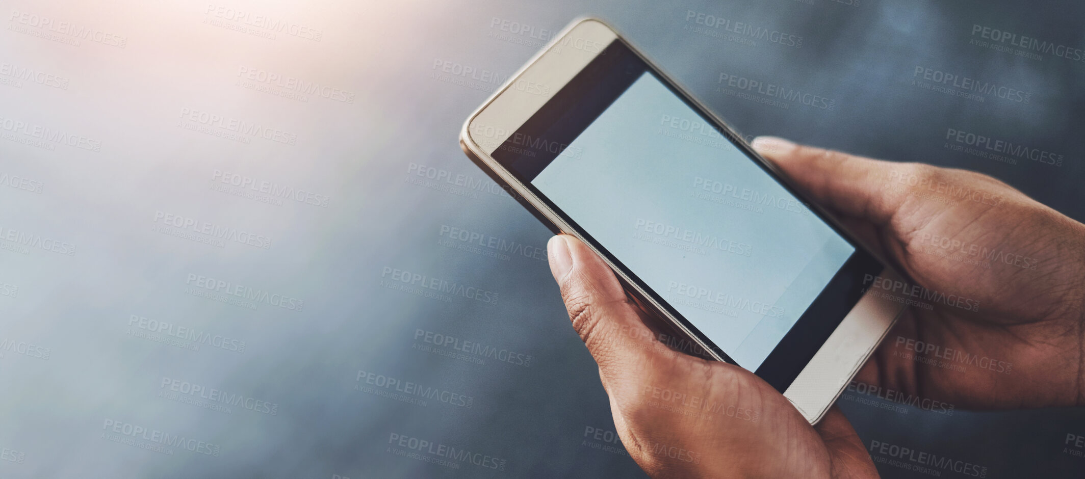 Buy stock photo Phone screen, hands and mockup space in gym for fitness app, workout or exercise promotion. Smartphone, display and closeup of person in top view on social media for health information or advertising