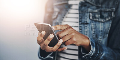 Buy stock photo Hands, typing and woman with phone in studio for email, contact or text on internet connection. Scroll, smartphone and girl on mobile app for online chat, social media or web post on white background