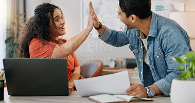 Buy stock photo People, creative and business high five with laptop in office, start up and agency sales report achievement or paperwork. Support, happy employees and celebration for work mission, contract and goals