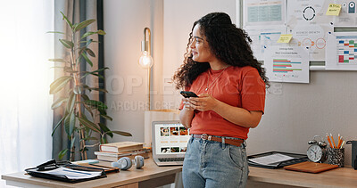 Buy stock photo Girl, office and happy for thinking on smartphone for online news, secured investment and small business planning. Woman, cellphone and internet with thoughts for product launch, ideas and work.