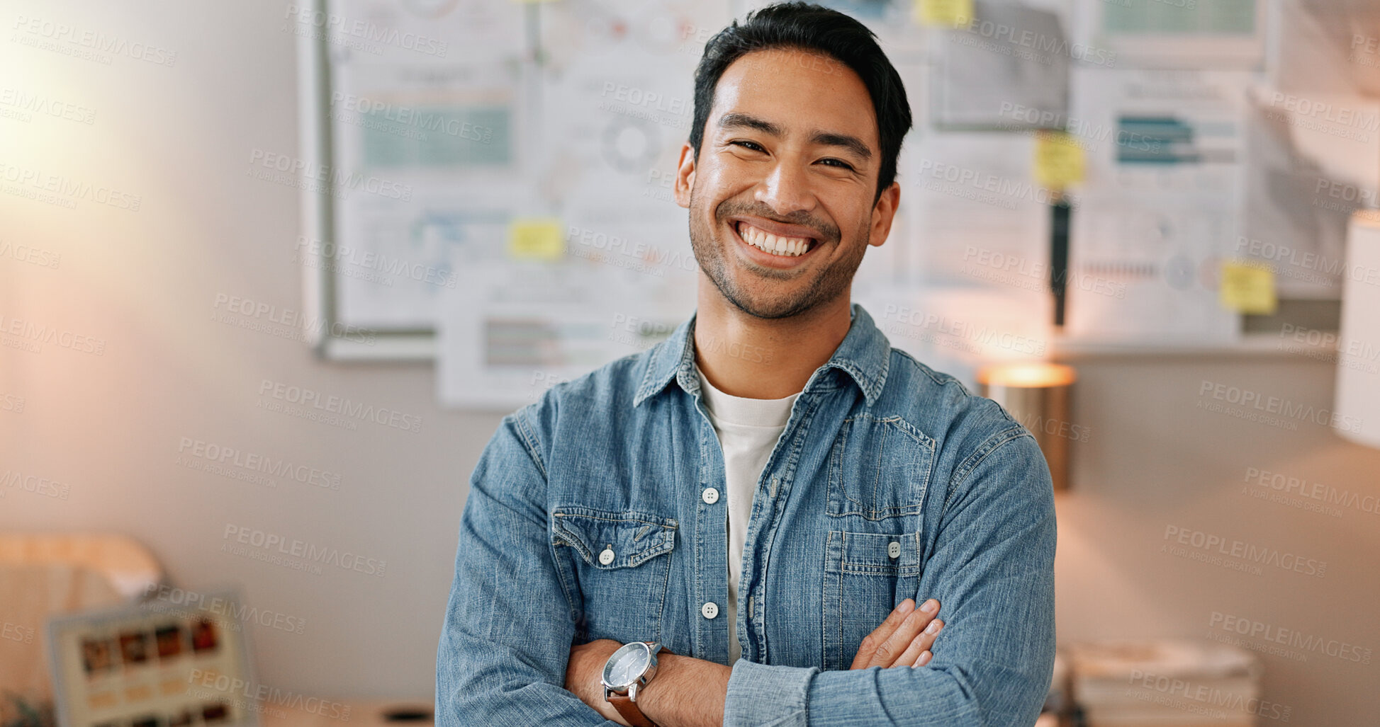 Buy stock photo Business man, arms crossed and smiling face with creative worker and confident from admin consultant job. Happy, professional and portrait with entrepreneur employee for startup career at night