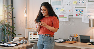 Buy stock photo Girl, office and happy for typing on smartphone for online emails, networking and small business planning. Woman, cellphone and internet with connectivity for communication, messaging and work.