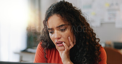 Buy stock photo Reading, laptop and woman at desk with stress, deadline and bad news in office. Female journalist, worry and frustrated at computer for review, article and anxiety in modern workplace in city