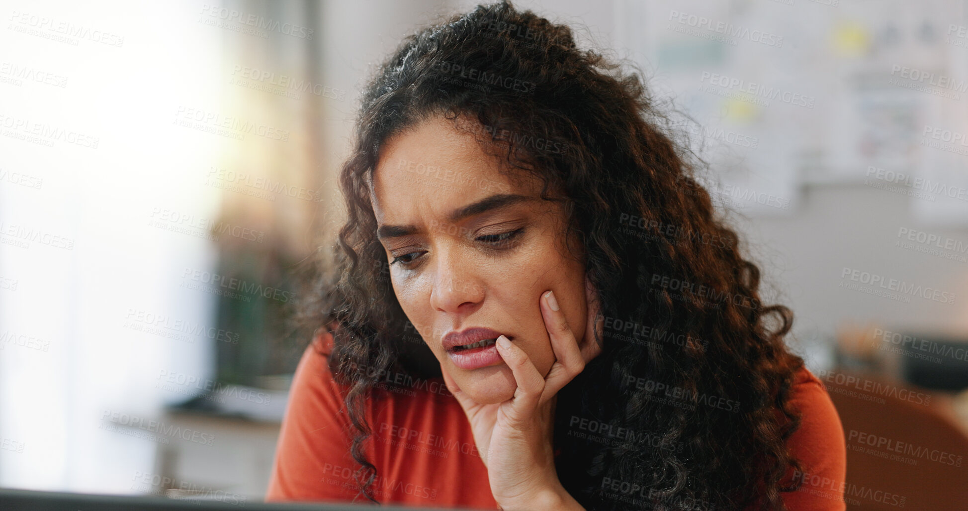 Buy stock photo Reading, laptop and woman at desk with stress, deadline and bad news in office. Female journalist, worry and frustrated at computer for review, article and anxiety in modern workplace in city