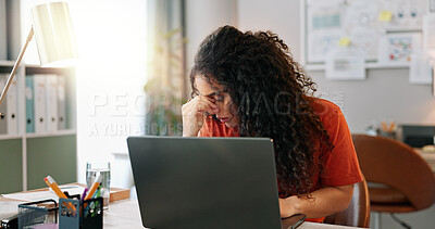 Buy stock photo Headache, woman and laptop at desk with stress, deadline and burnout in office. Female journalist, tired and frustrated at computer for review, article and anxiety in modern workplace in city