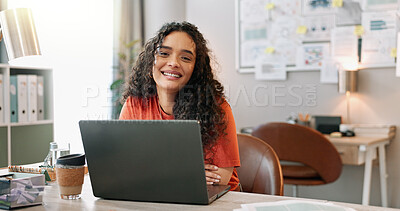 Buy stock photo Portrait, woman and smile at desk with laptop, communication and update in office. Female journalist, confident and happy at computer for article, social media and contact in modern workplace in city