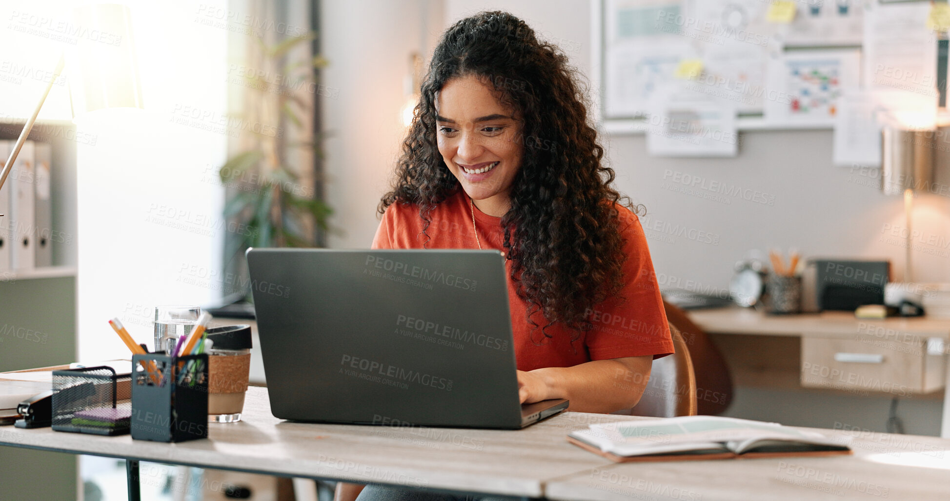 Buy stock photo Research, smile and woman at desk with laptop, communication and update in office. Female journalist, typing and happy at computer for article, social media and contact in modern workplace in city