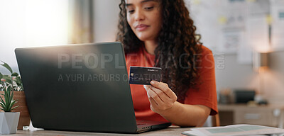 Buy stock photo Woman, laptop and credit card for creative business, fintech and online transaction with entrepreneur for internet investment. Banking, payment and purchase for agency inventory, shopping and office
