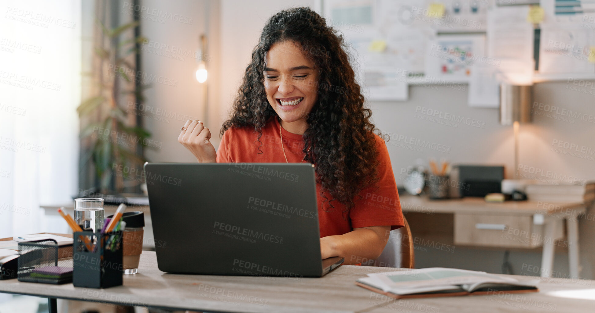 Buy stock photo Woman, happy and laptop in office with celebration or yes hand gesture, employee and small business or agency success. Online deal, smile and email or contract in workplace, targets and goal for work