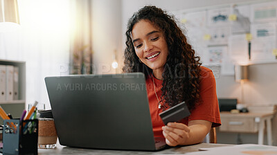 Buy stock photo Woman, laptop and credit card for online shopping, ecommerce and virtual store or website subscription. Entrepreneur, tech and digital payment for dropshipping startup, b2b and fintech app in office