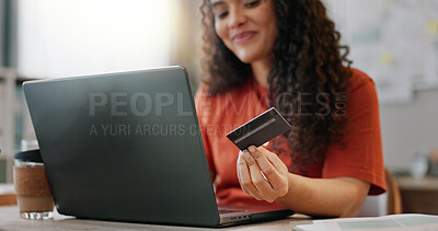 Buy stock photo Woman, laptop and banking card for creative business, fintech and online transaction with entrepreneur for internet investment. Credit, payment and purchase for agency inventory, shopping and office
