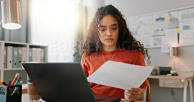 Buy stock photo Laptop, reading and paper of businesswoman in home office, planning and understanding document. Administration review, information and female employee with idea, project and report for management
