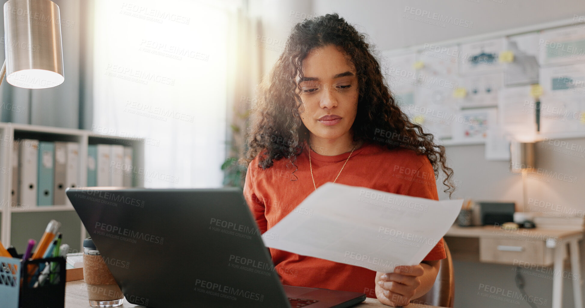 Buy stock photo Laptop, reading and paper of businesswoman in home office, planning and understanding document. Administration review, information and female employee with idea, project and report for management
