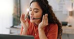 Woman, laptop and startup in home office for business, networking and clients with headphones or proposal. Entrepreneur, technology and video call in workplace for recruitment, interview and meeting