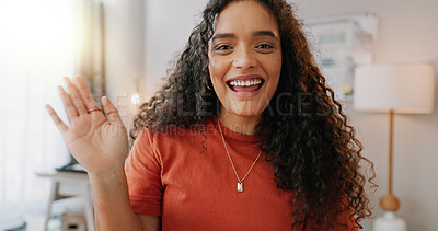 Buy stock photo Video call, portrait and businesswoman waving in office for communication, networking or social media. Online, interior designer and hand of employee for greeting, conversation or virtual conference