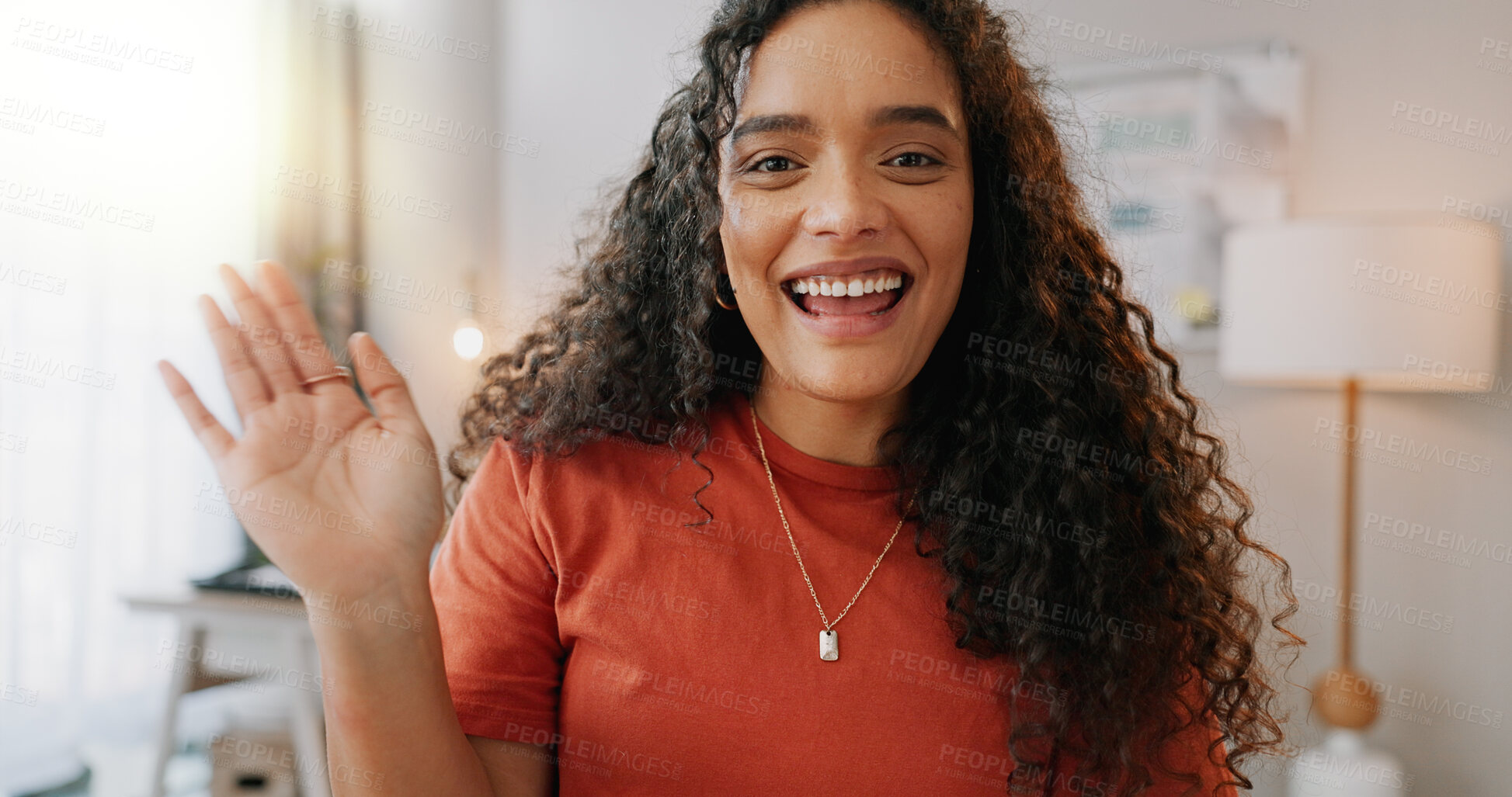 Buy stock photo Video call, portrait and businesswoman waving in office for communication, networking or social media. Online, interior designer and hand of employee for greeting, conversation or virtual conference