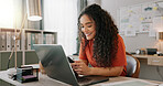 Business woman, laptop and smile for phone, communication and networking for startup in office. Happy, female employee event planner checking email on computer, social media and post on smartphone