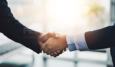 Buy stock photo Business, people and handshake in office meeting, teamwork and cooperation or thank you. Shaking hands, agreement and negotiation deal with professional, employees and b2b or corporate onboarding