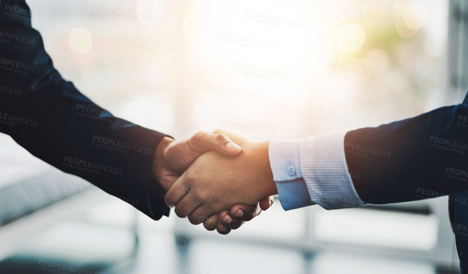 Buy stock photo Business, people and handshake in office meeting, teamwork and cooperation or thank you. Shaking hands, agreement and negotiation deal with professional, employees and b2b or corporate onboarding