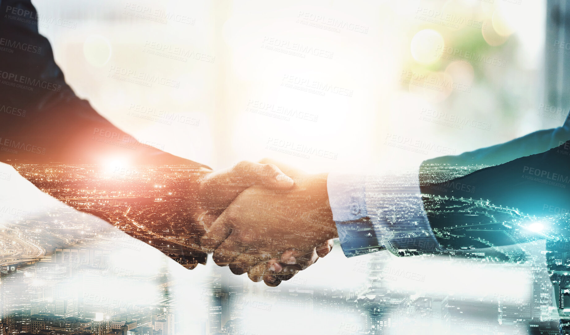 Buy stock photo Business, people and handshake in meeting, networking and agreement of merger or company and unity. Thank you, holding hands or deal of coalition in politics of Germany, double exposure or government