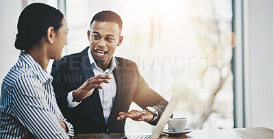 Buy stock photo Discussion, laptop and business people in office with collaboration for company budget planning. Deal, computer and team of financial advisors working on stocks investment with revenue or profit.