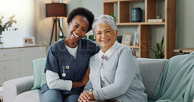 Buy stock photo Portrait, woman and caregiver on sofa in nursing home for support, healthcare and hug on couch. Nurse, senior patient and embrace together for wellness, happy people and recovery in retirement house