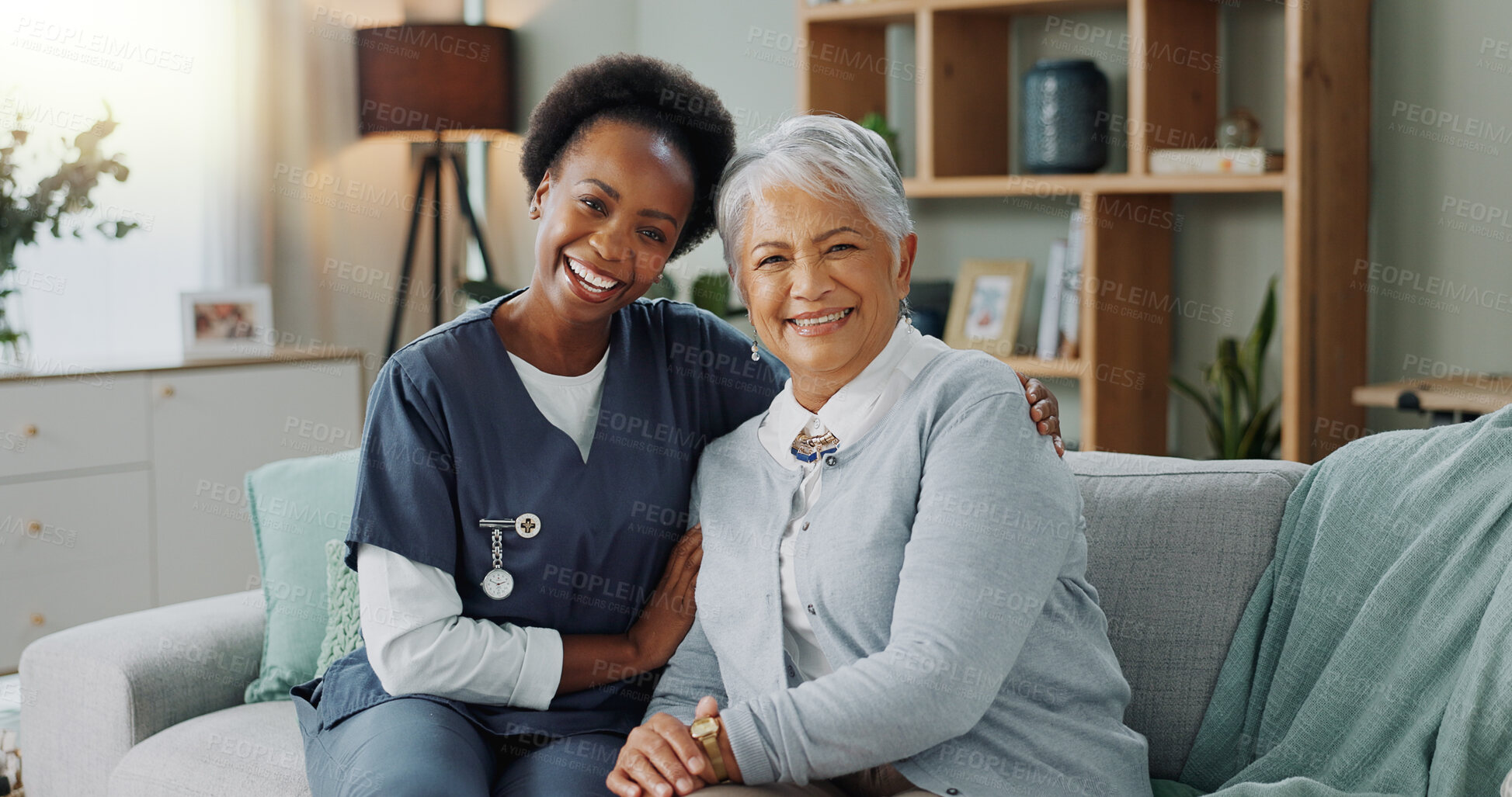 Buy stock photo Portrait, woman and caregiver on sofa in nursing home for support, healthcare and hug on couch. Nurse, senior patient and embrace together for wellness, happy people and recovery in retirement house