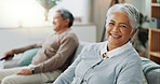 Senior, couple and woman on sofa portrait together, elderly apartment and care with married people for love. Relationship, commitment and pensioners in retirement relax on couch with man for bonding