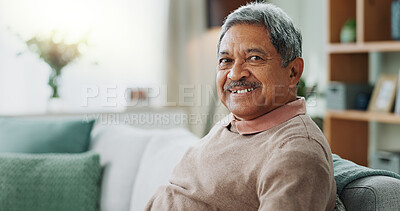 Buy stock photo Senior, man and portrait on home sofa, relaxing and calm pensioner in retirement house for rest on weekend break. Living room, smiling and couch or peace with elderly person in lounge with confidence