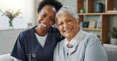 Buy stock photo Portrait, caregiver and woman on sofa in nursing home for support, healthcare and hug on couch. Nurse, senior patient and embrace together for wellness, happy people and recovery in retirement house