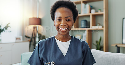 Buy stock photo Nurse, caregiver and portrait on sofa with smile in living room, healthcare and medicare worker. Doctor, black woman and person in nursing home or happy face for service, support and professional