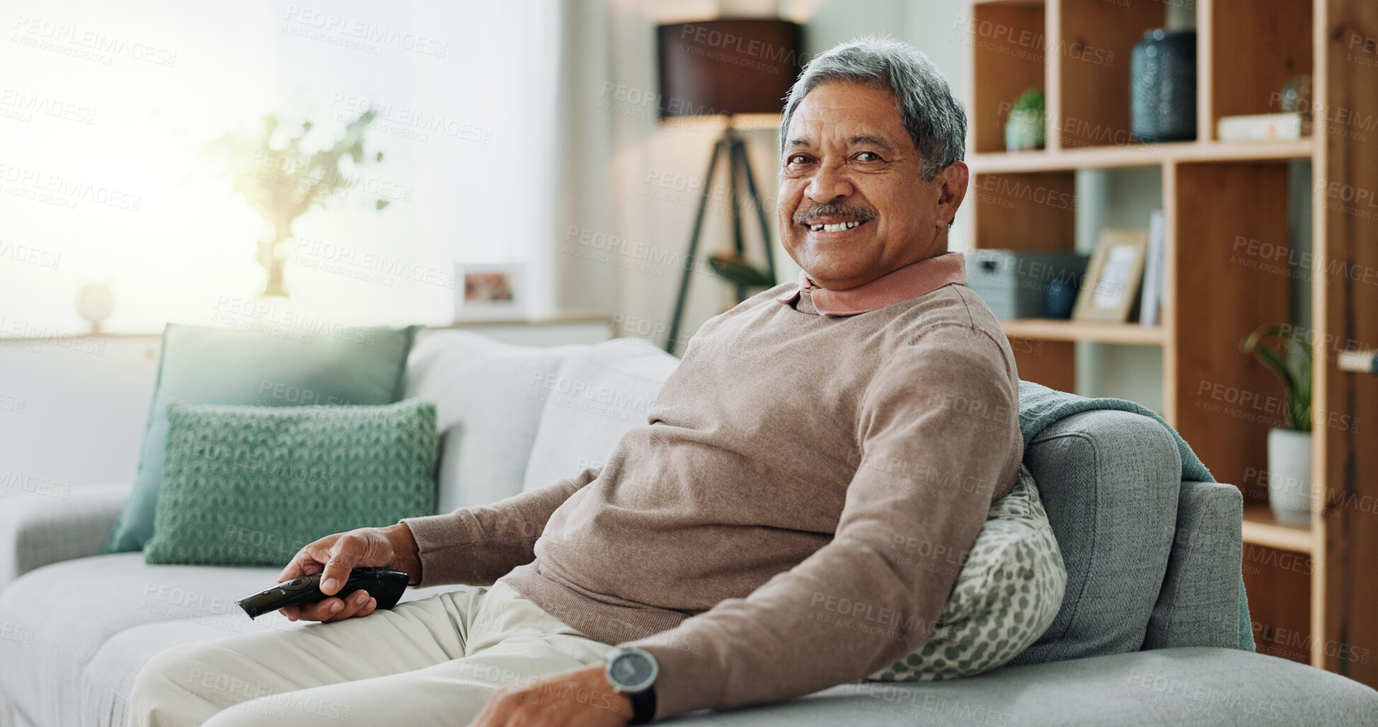 Buy stock photo Elderly, man and portrait on home sofa, relaxing and calm pensioner in retirement house for rest on weekend break. Living room, smiling and couch or peace with senior person in lounge with confidence