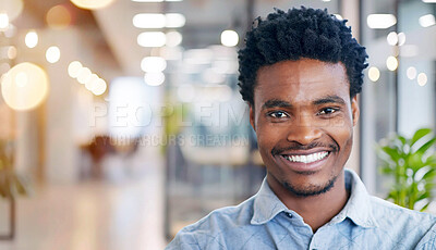 Buy stock photo Creative, black man and smile with portrait in office of design agency for work in graphic designer and professional. Male employee, worker and pride for career, space and confident in workspace.